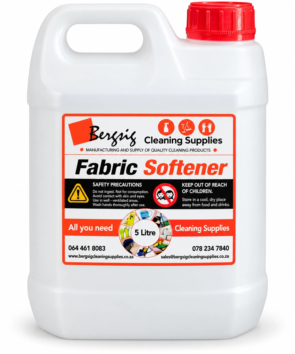 Bergsig Fabric Softener in a 5 litre container with the orange Bergsig Cleaning Supplies label