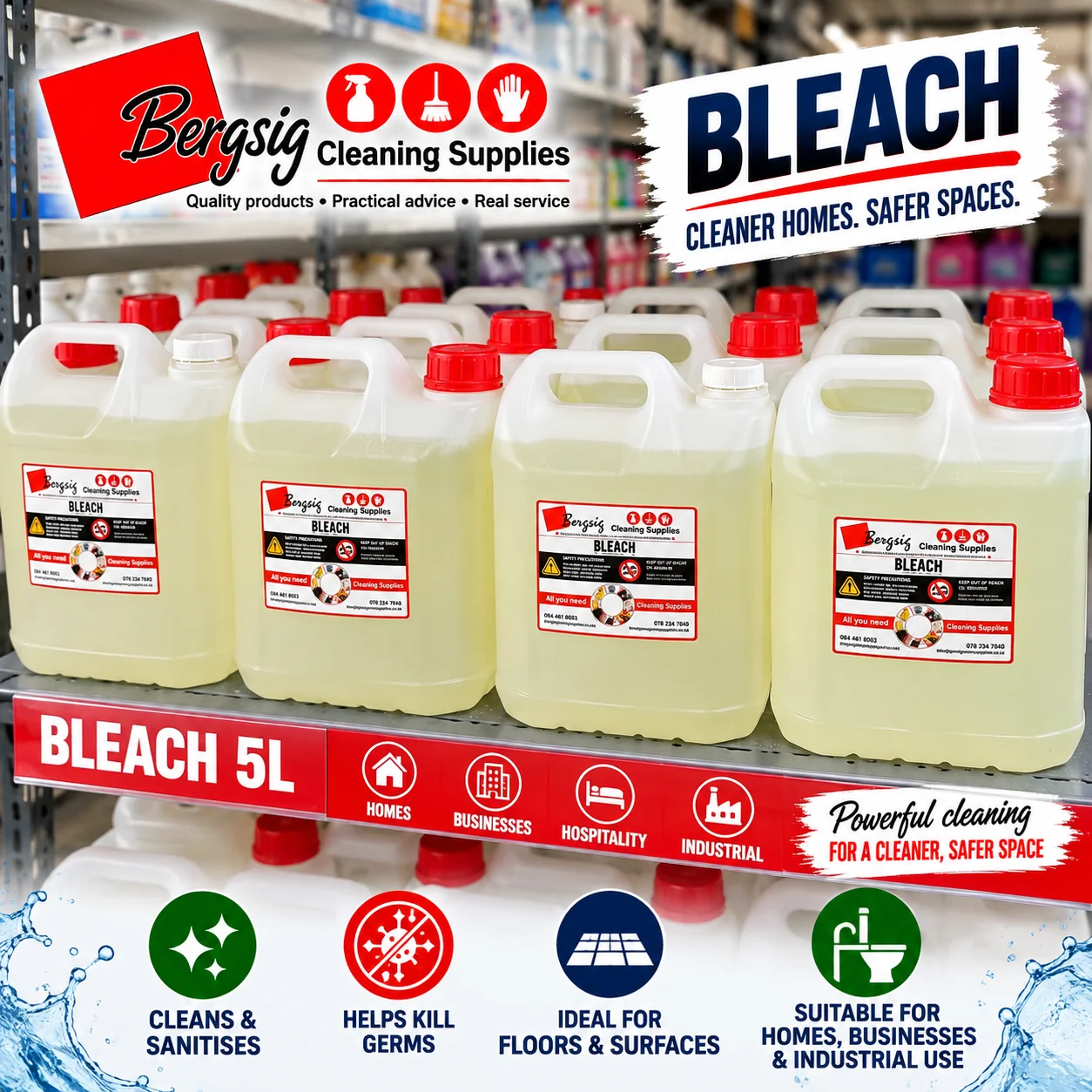5 litre containers of Bergsig Bleach lined up on a shelf in the shop