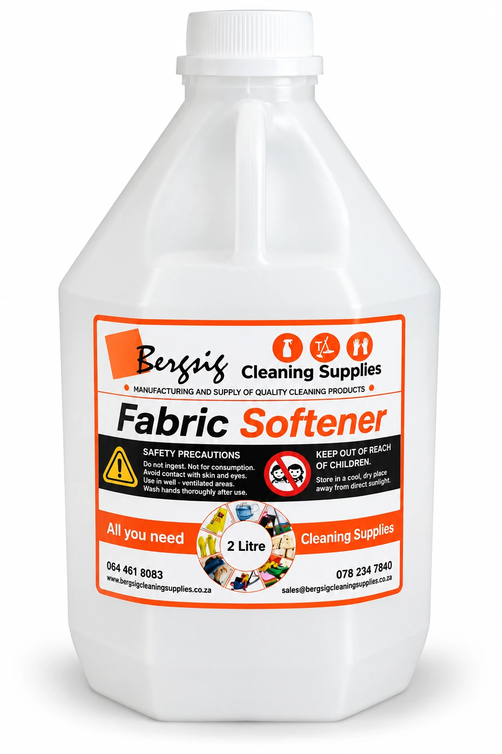 Bergsig Fabric Softener in a 2 litre bottle with the orange Bergsig Cleaning Supplies label