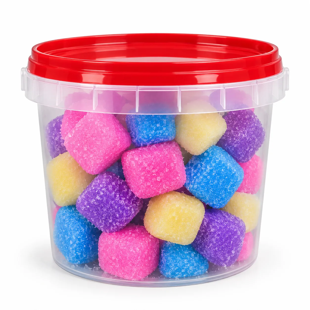 Deo Cubes 500g, a clear plastic tub with a red lid filled with colourful deodoriser cubes