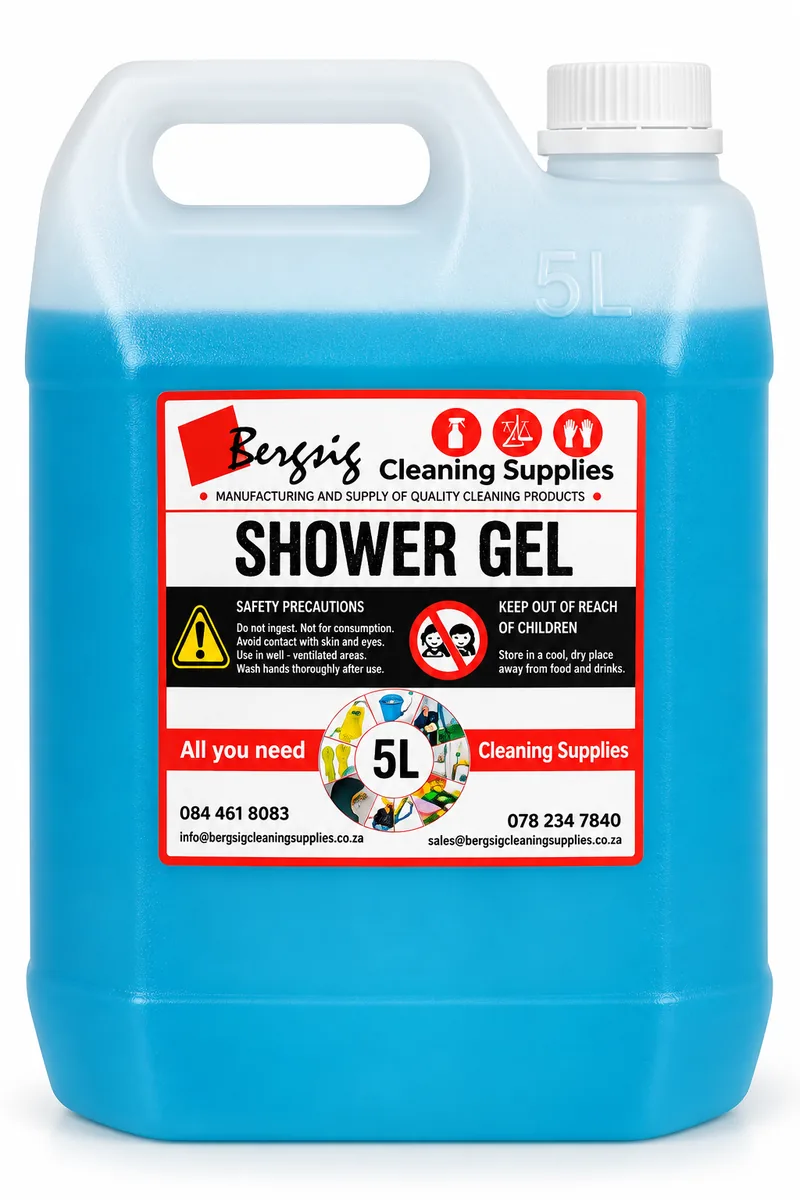 Bergsig Shower Gel in a 5 litre container with the Bergsig Cleaning Supplies label