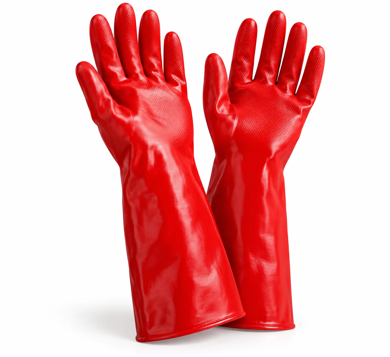PVC 35 CM Red Gloves, a pair of red elbow-length PVC gloves