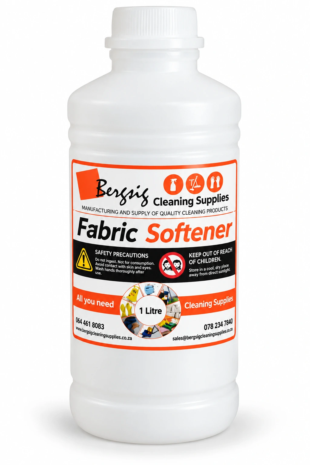 Bergsig Fabric Softener in a 1 litre bottle with the orange Bergsig Cleaning Supplies label