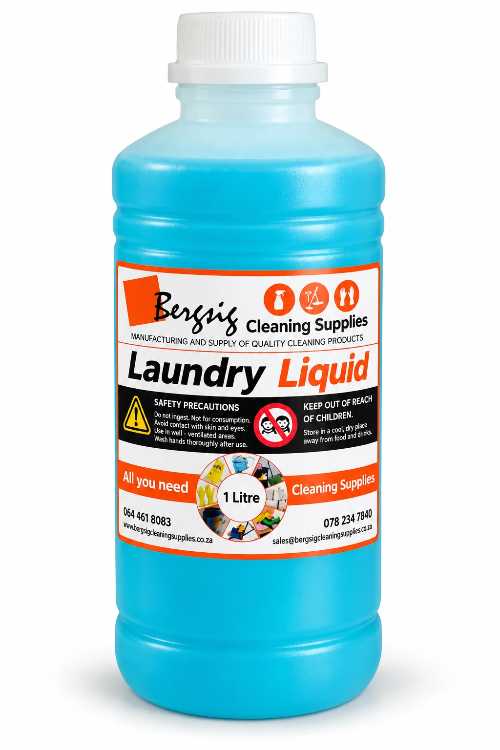 Bergsig Laundry Liquid in a 1 litre bottle with the orange Bergsig Cleaning Supplies label