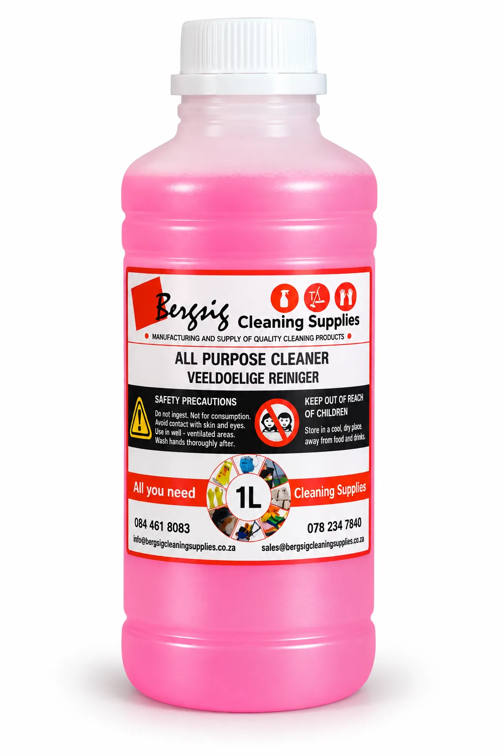 Bergsig All Purpose Cleaner in a 1 litre bottle with the red Bergsig Cleaning Supplies label