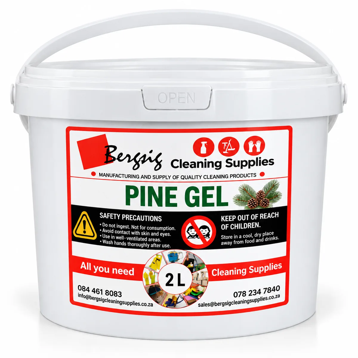 Bergsig Pine Gel in a 2 litre white bucket with handle and the red Bergsig Cleaning Supplies label