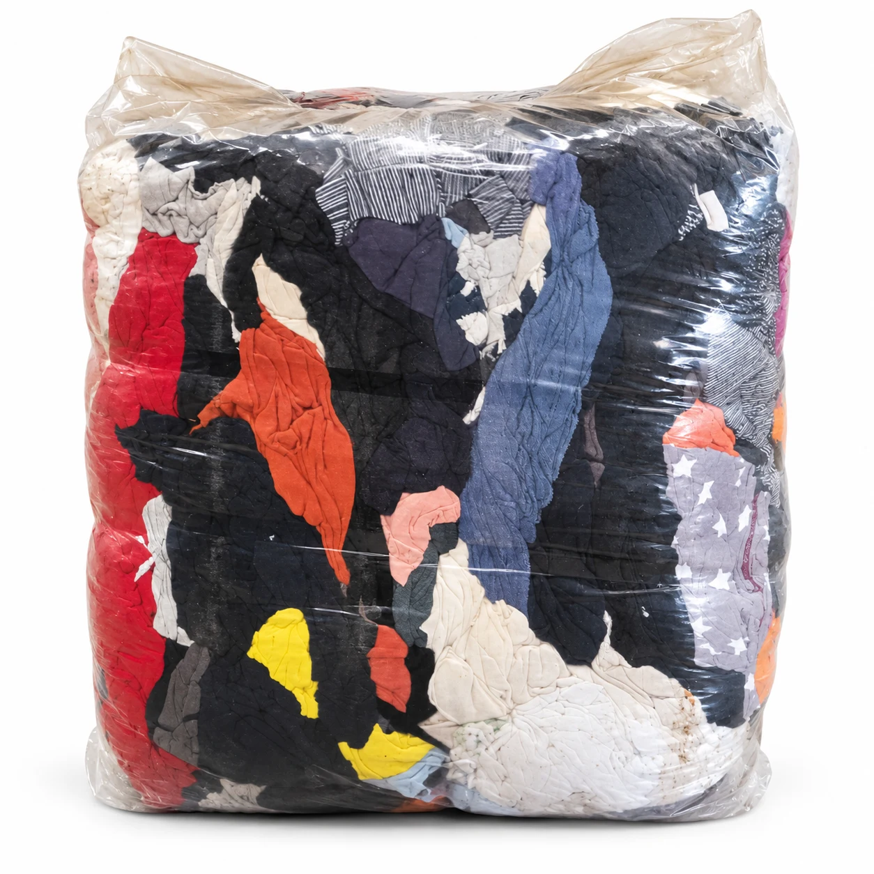 Waste Rags 5KG, a clear plastic-wrapped bale of mixed-colour cloth rags
