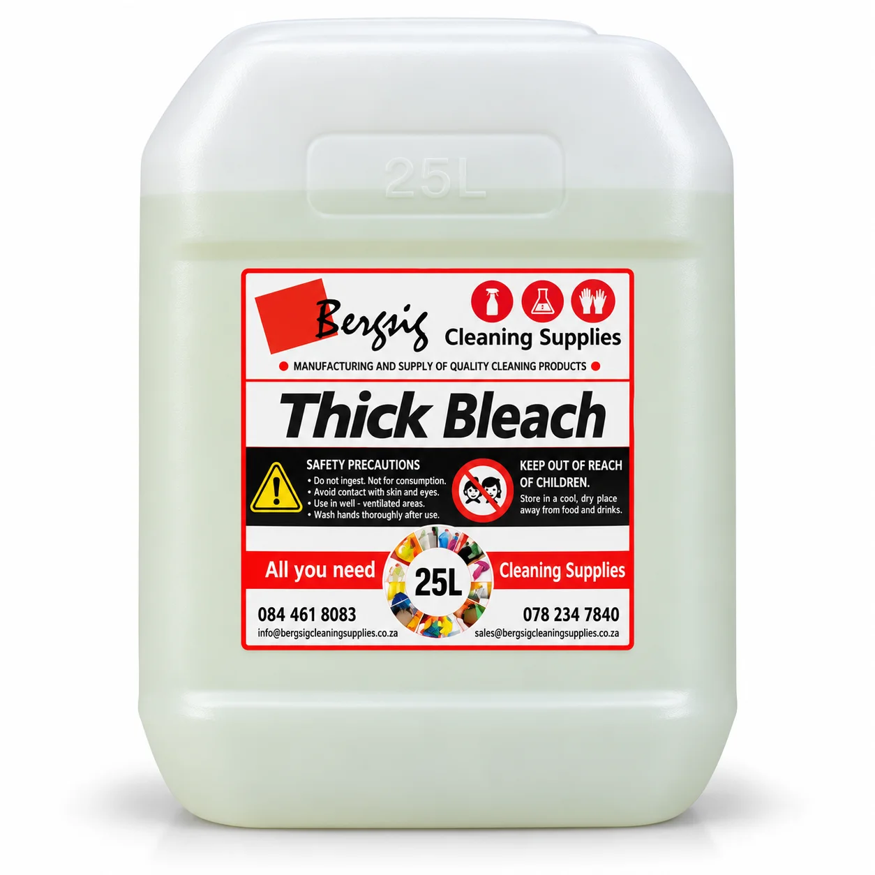 Bergsig Thick Bleach in a 25 litre jerrycan with the Bergsig Cleaning Supplies label