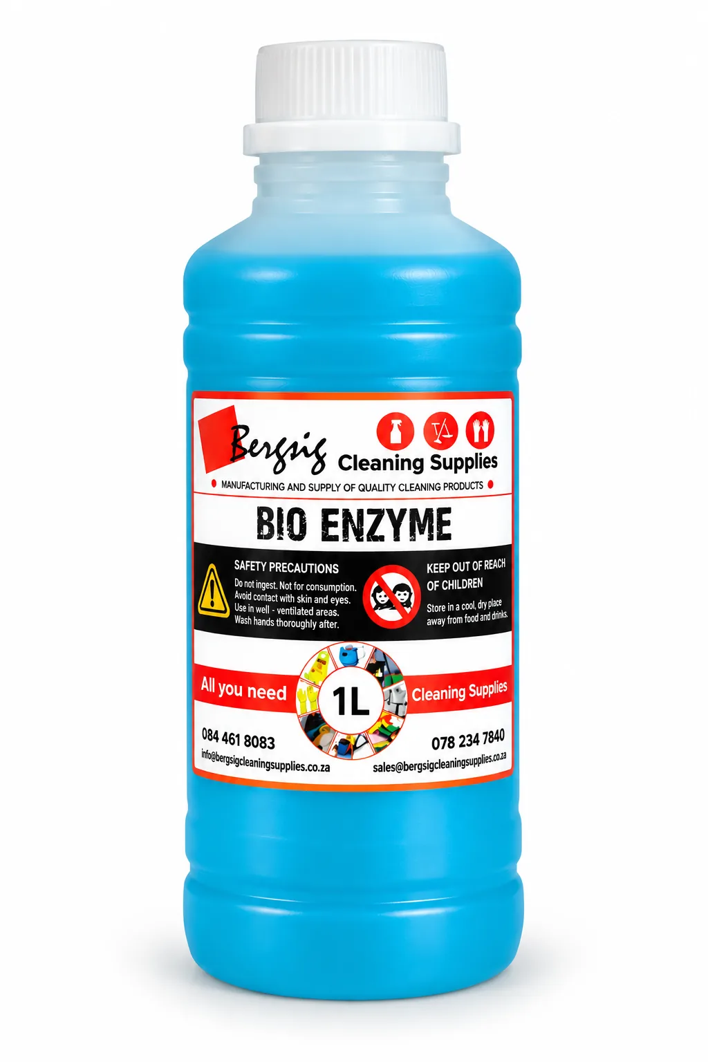 Bergsig Bio Enzyme in a 1 litre bottle with the blue product colour and Bergsig Cleaning Supplies label