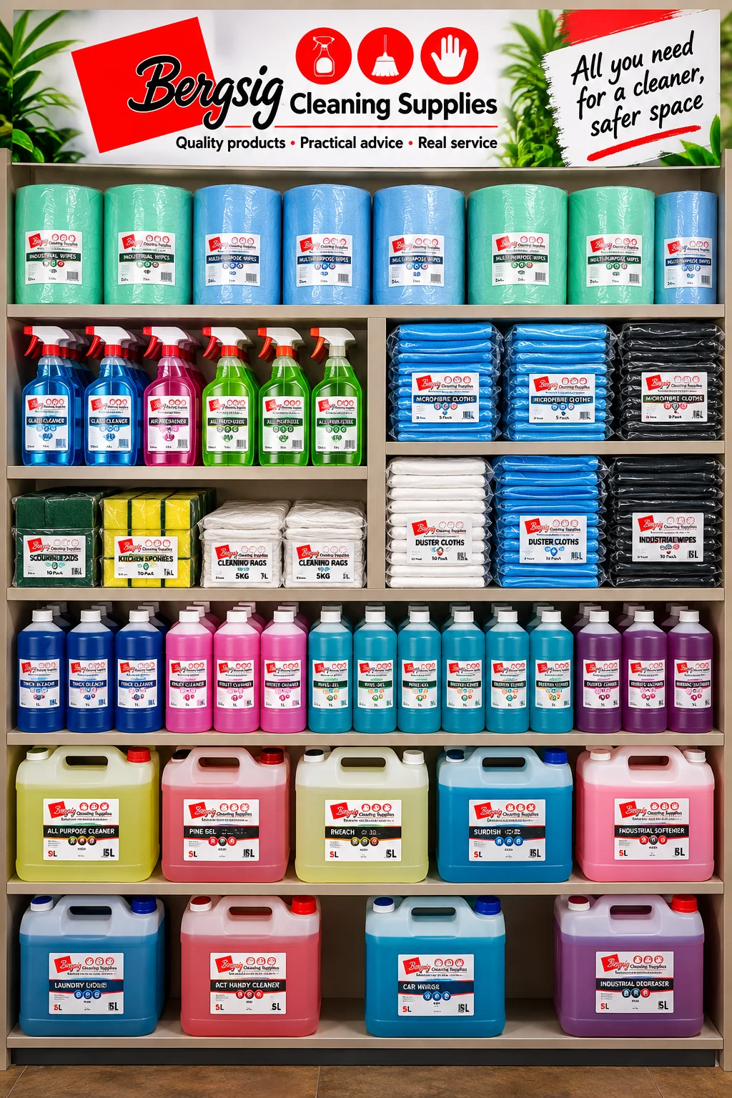 Aisles of Bergsig cleaning chemicals in 5 litre containers, paper towel, brushes and hygiene stock