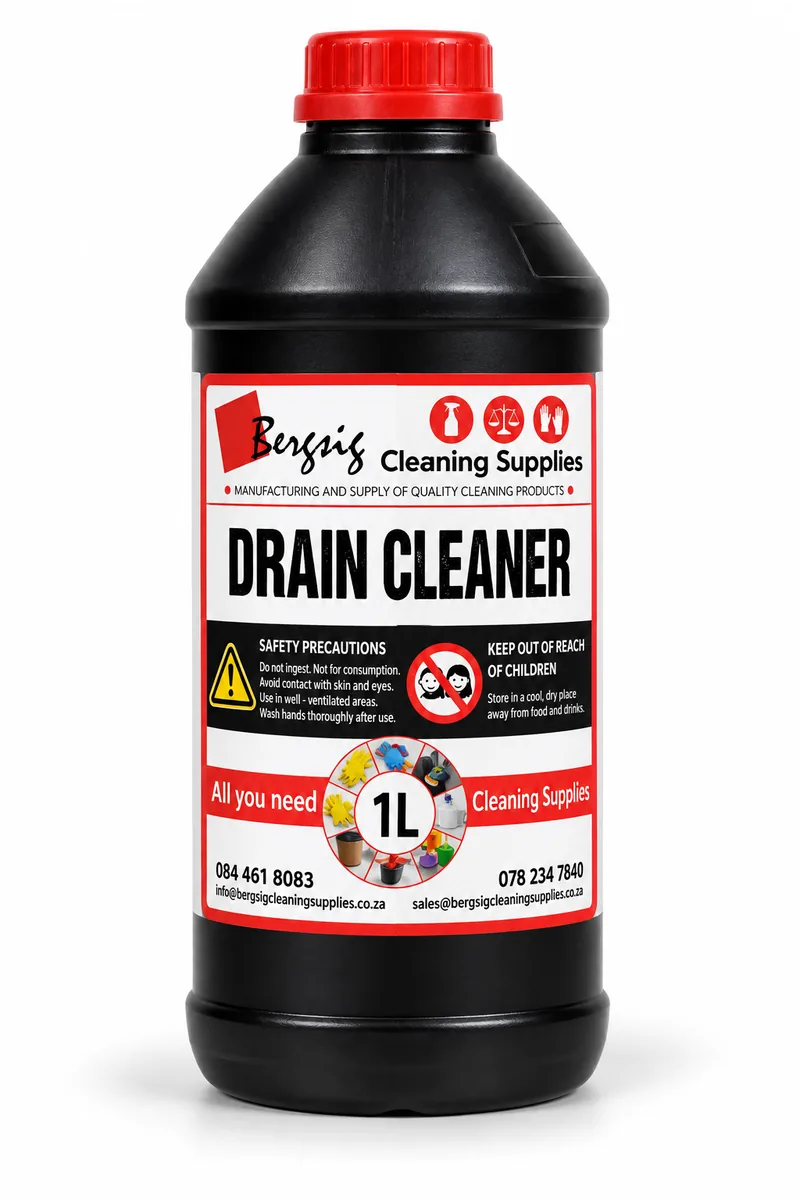Bergsig Drain Cleaner in a 1 litre bottle with the Bergsig Cleaning Supplies label