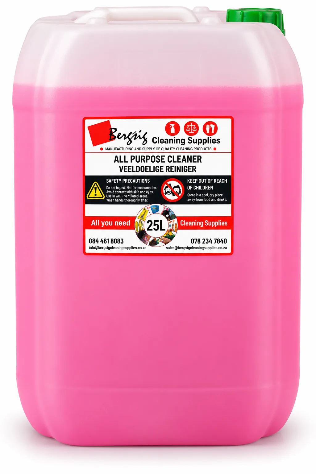 Bergsig All Purpose Cleaner in a 25 litre drum with the red Bergsig Cleaning Supplies label
