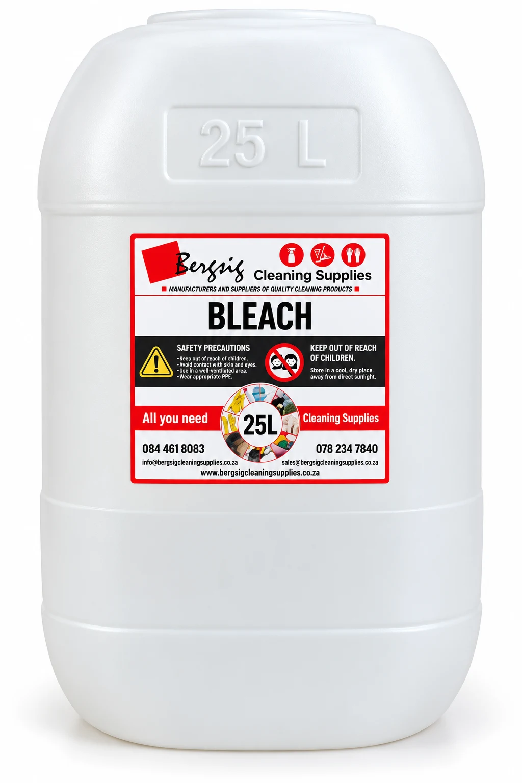 Bergsig Bleach in a 25 litre jerrycan with the Bergsig Cleaning Supplies label