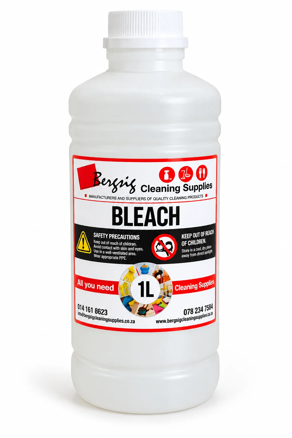 Bergsig Bleach in a 1 litre bottle with the Bergsig Cleaning Supplies label