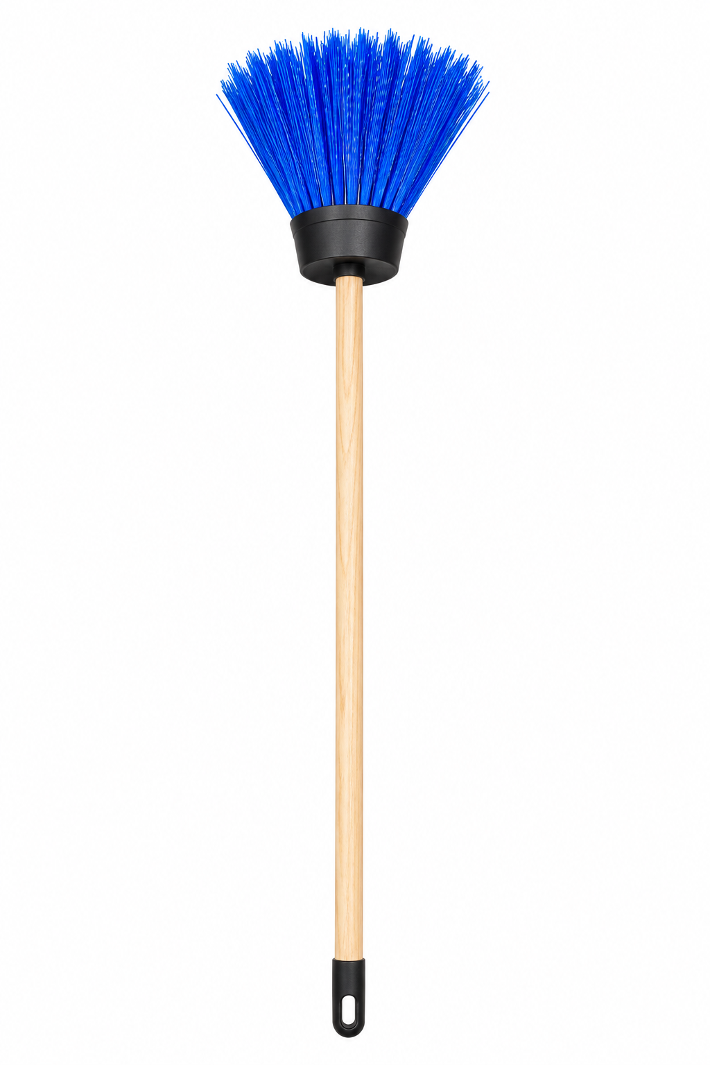 Whisker Broom with blue bristles and wooden handle
