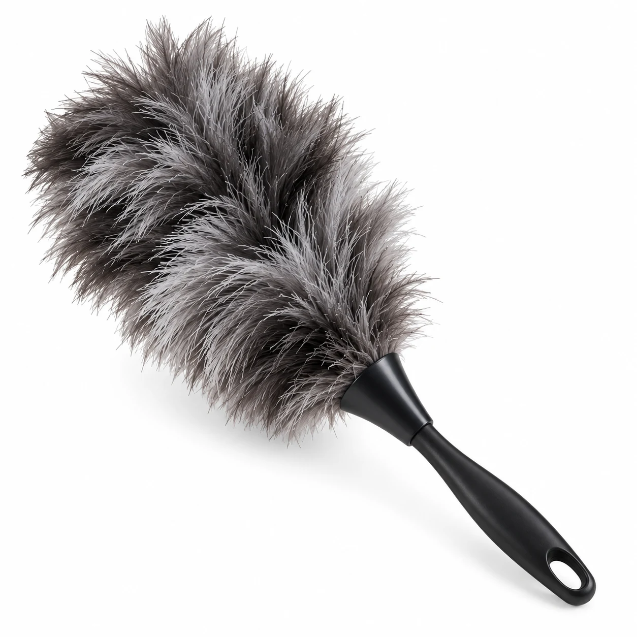 Feather Duster Short, a grey fluffy duster with a short black handle