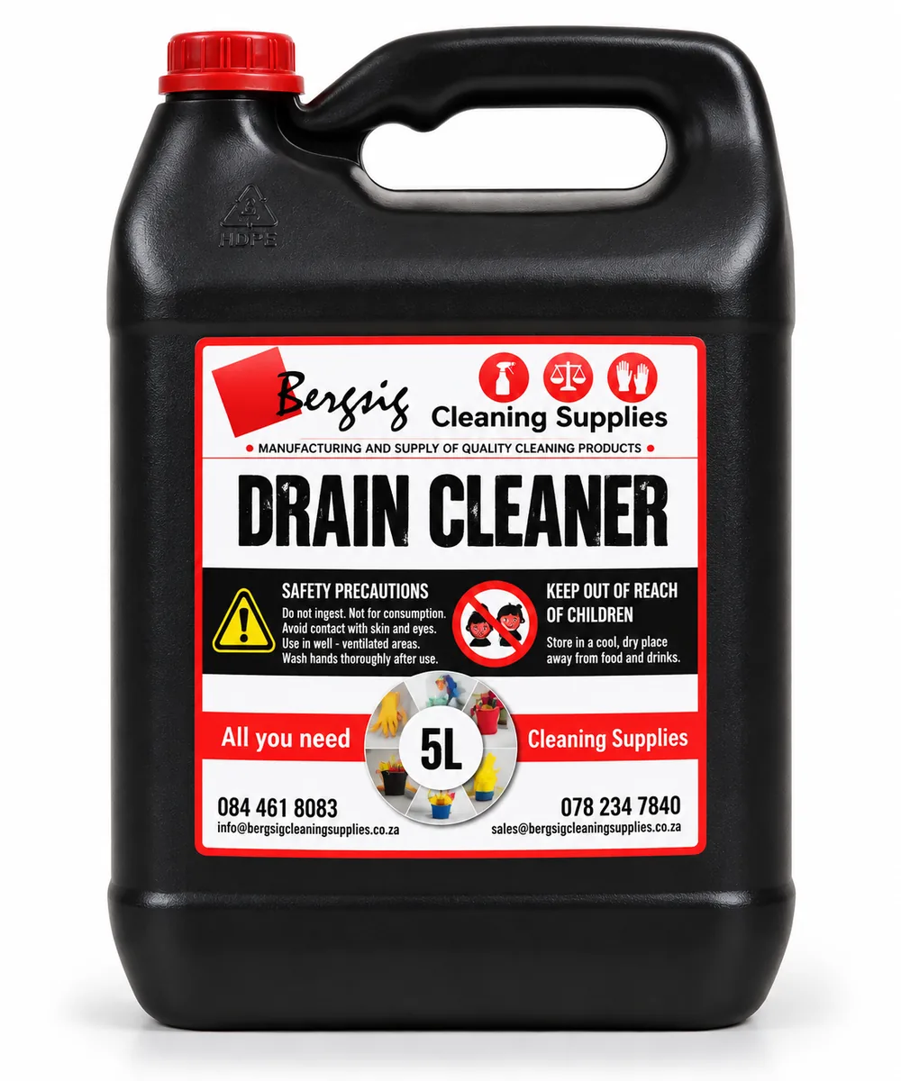 Bergsig Drain Cleaner in a 5 litre container with the Bergsig Cleaning Supplies label